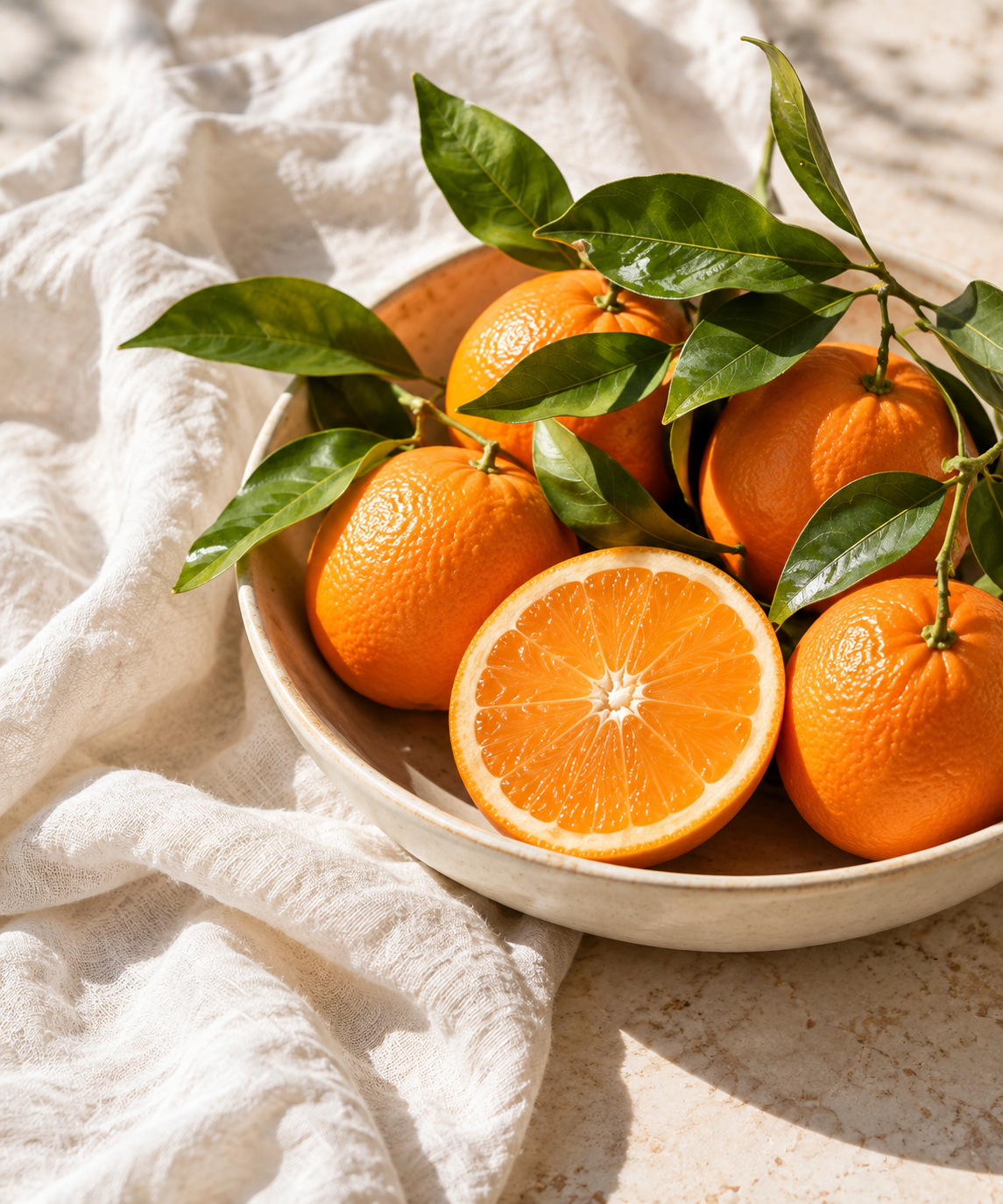 Laranjas frescas com folhas em uma tigela sobre tecido claro